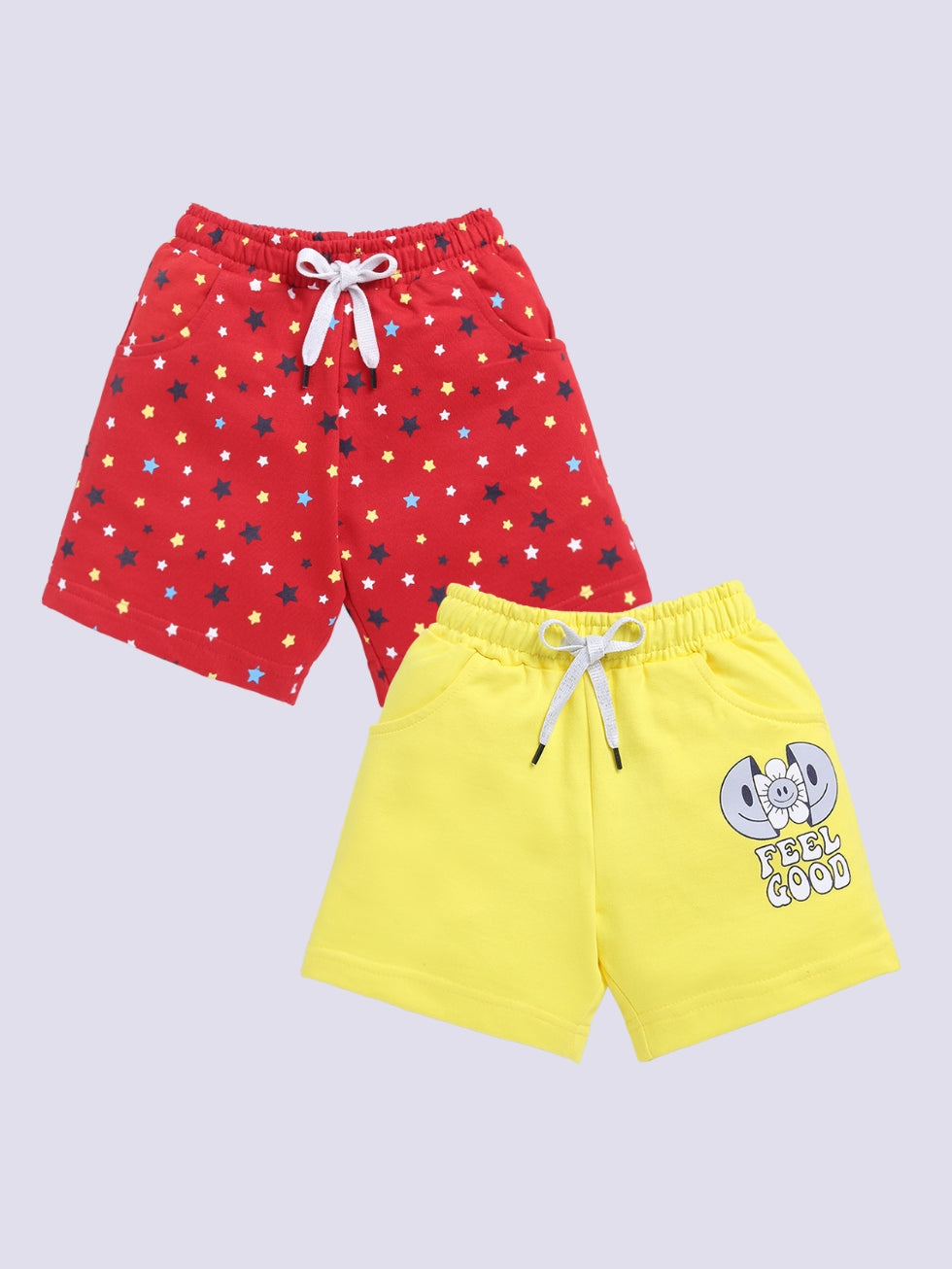 Kidcity Girls shorts Combo set (pack of 2) |Loopknit shorts|Red, Yellow shorts combo front view