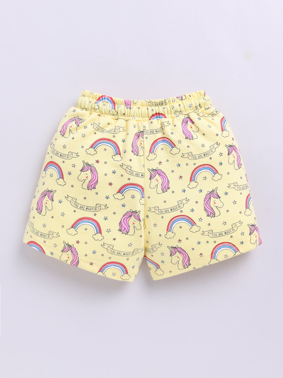 Kidcity Girls shorts Combo set (pack of 2) |Loopknit shorts|yellow ranbow and unnicorn design back view