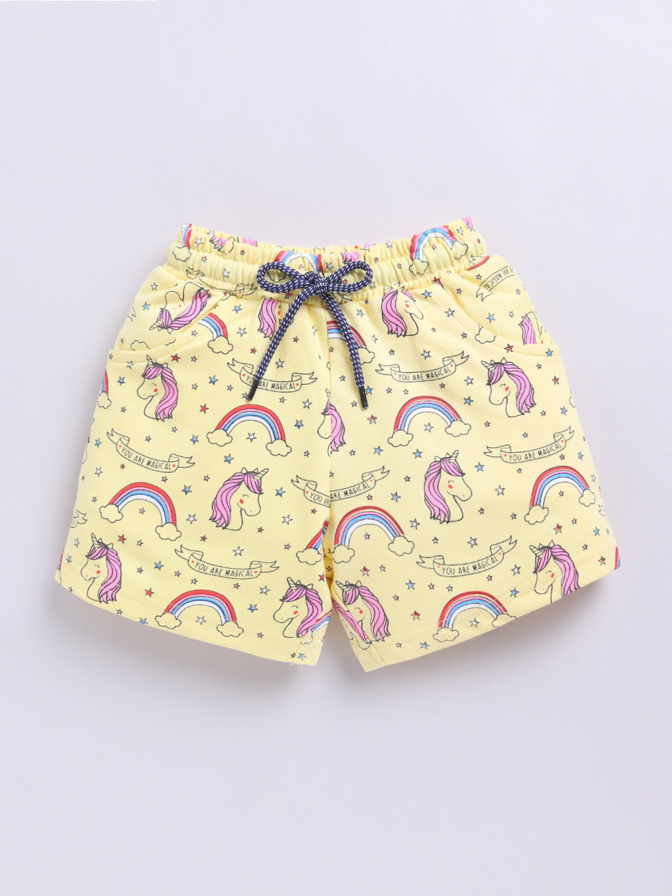 Kidcity Girls shorts Combo set (pack of 2) |Loopknit shorts|yellow ranbow and unnicorn design front view