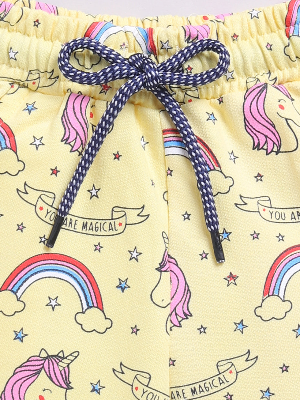 Kidcity Girls shorts Combo set (pack of 2) |Loopknit shorts|yellow ranbow and unnicorn design zoom view