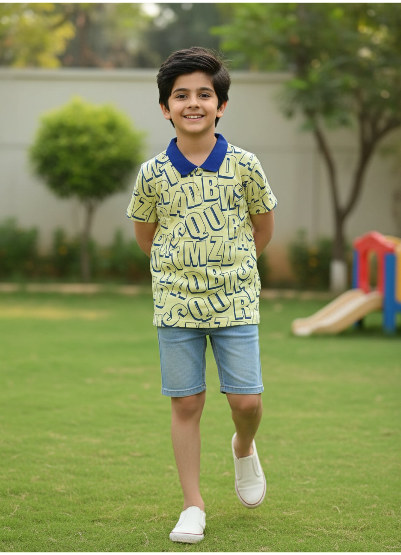 All-Over Alphabet Print Polo T-Shirt.